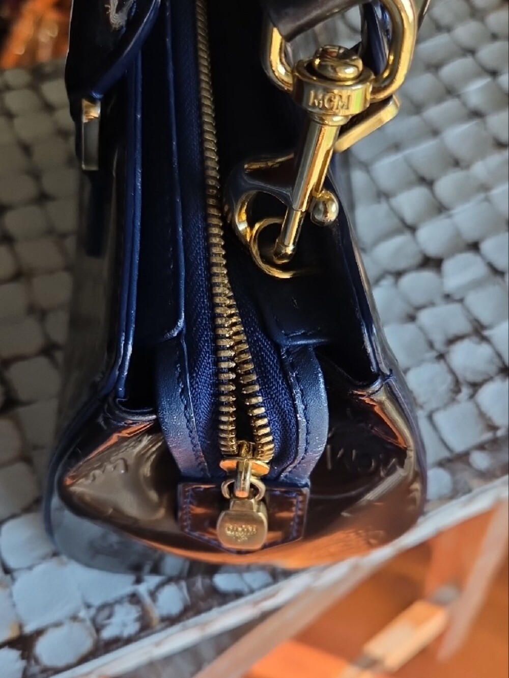 MCM Mini Olive Green & Blue Patent Leather Top-Handle Mini Crossbody - Picture 7 of 16